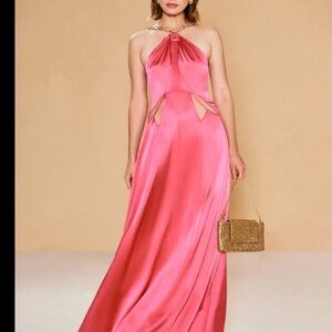 Cult Gaia Pink Silk Halter Maxi Dress Gold Chain Backless Size 4